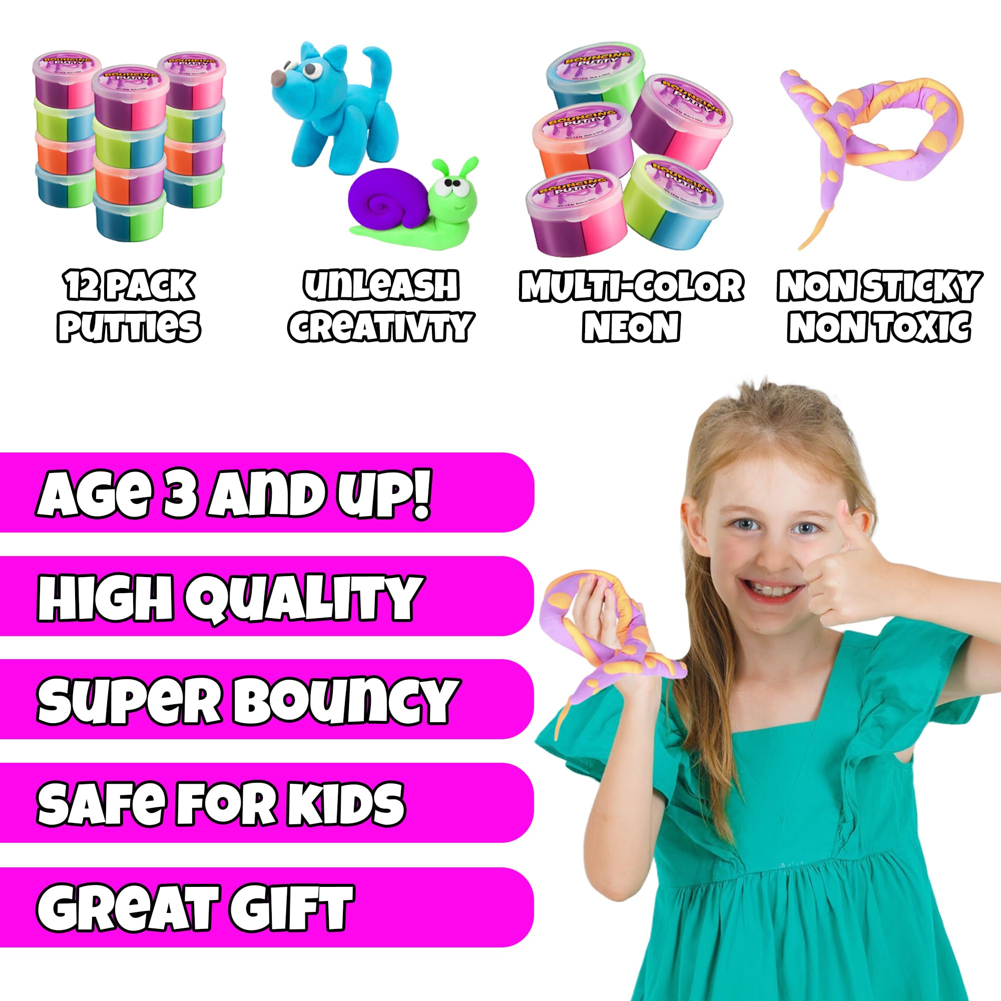 Neon Bouncing Putty – (Bulk Pack of 12) Fluffy DIY Slime Ball Sensory Toys for Kids, Assorted Rainbow Colors Bouncy Slime Party Favor, Stocking Filler and Goodie Bags Stuffers for Kids Birthday Party